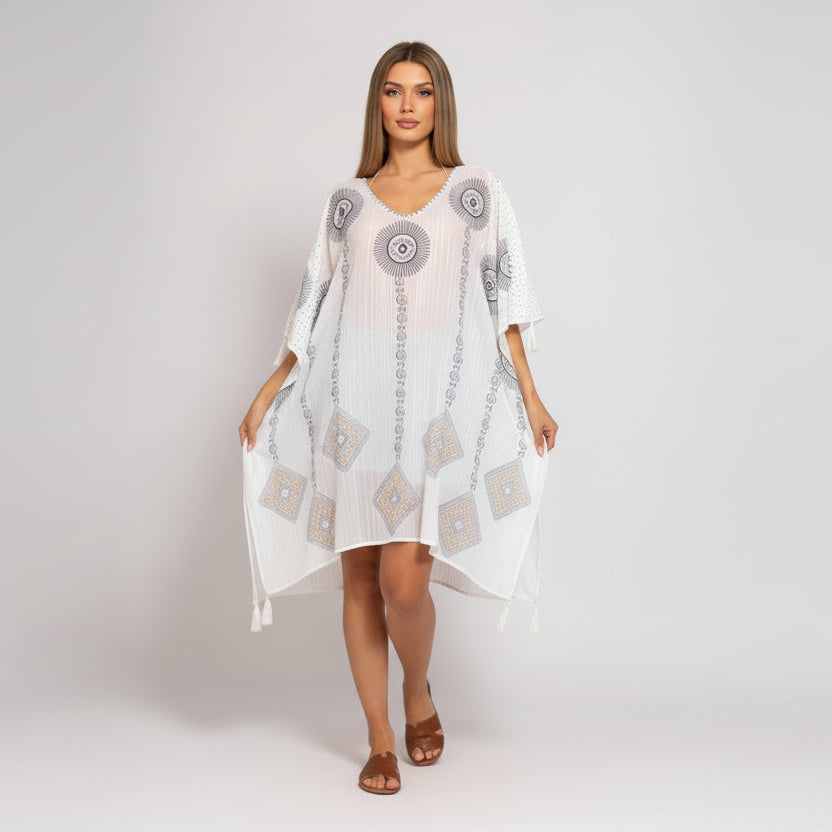 WHITE COTTON EYE PRINT BEACH KAFTAN- ONE SIZE FITS MOST