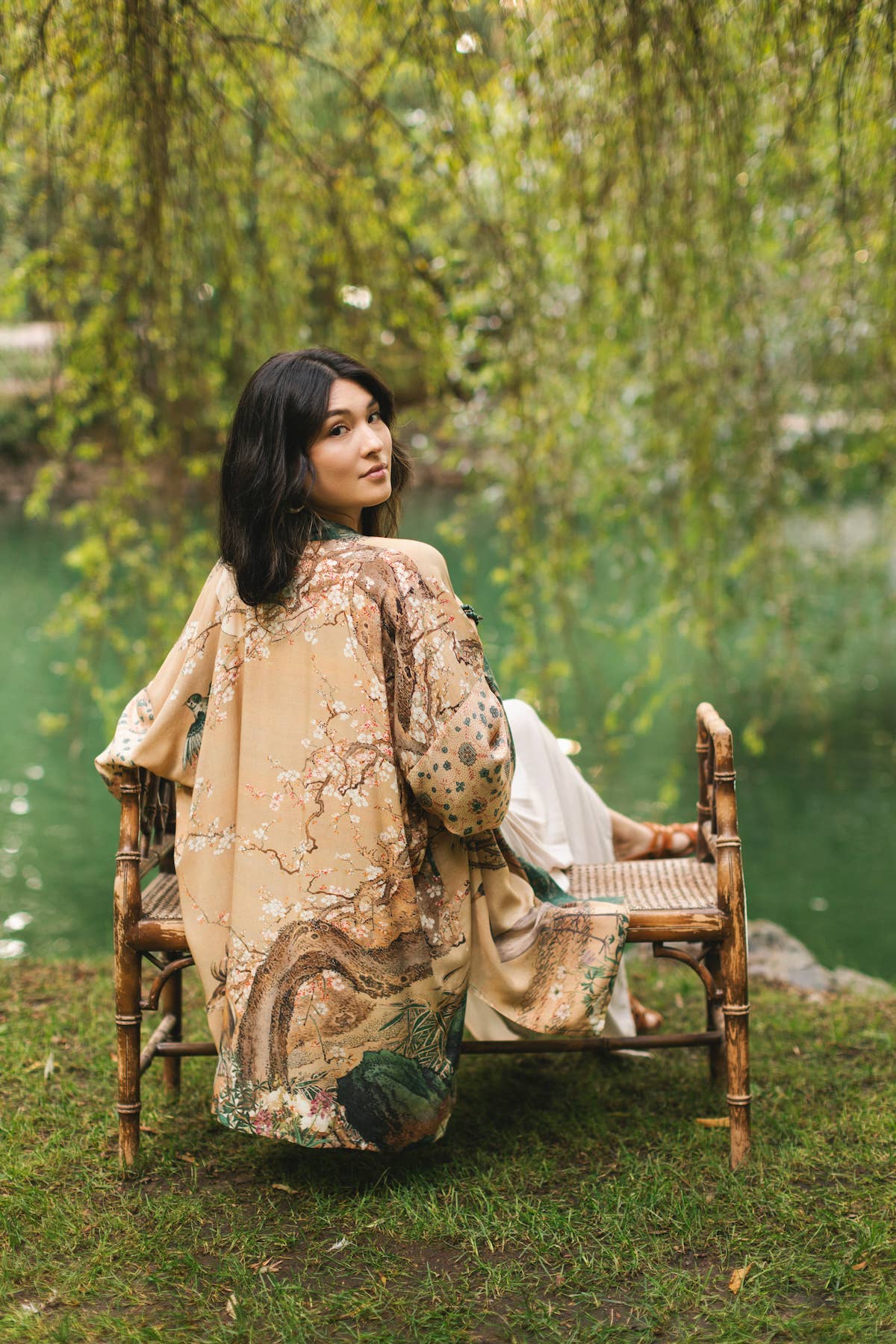 Fable Matinée Duster Kimono w/Blossoms, mid-length