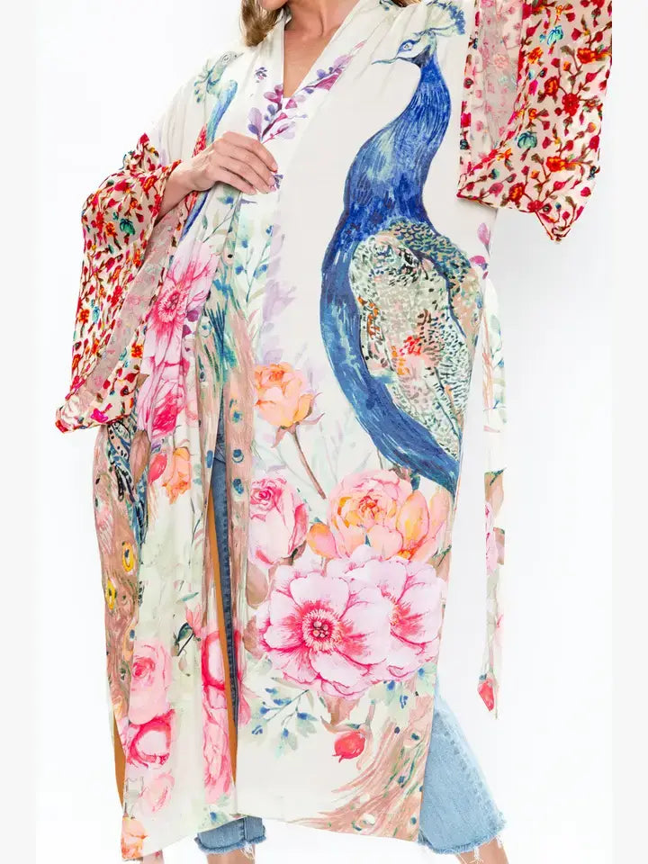 Fantasy Kimono/ Duster: Ivory Peacock Print / Size M