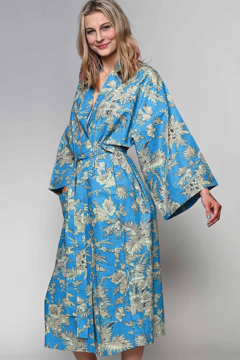 Cottom Kimono Robe in Turquoise & Gold