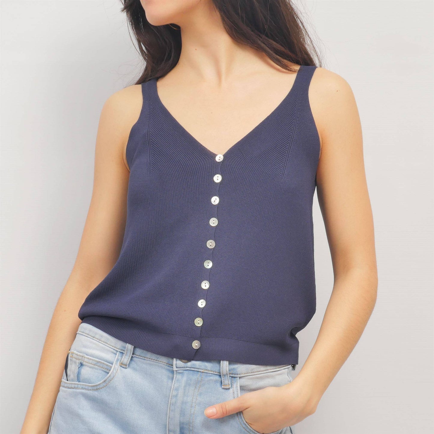 Ribbed tank top with mother-of-pearl buttons in Ice Pink- Size 10