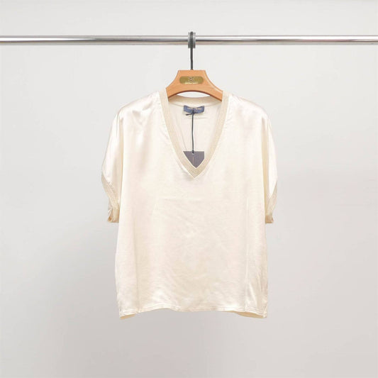 V-neck tunic in fluid satin -Cream/ Size 10 to 12