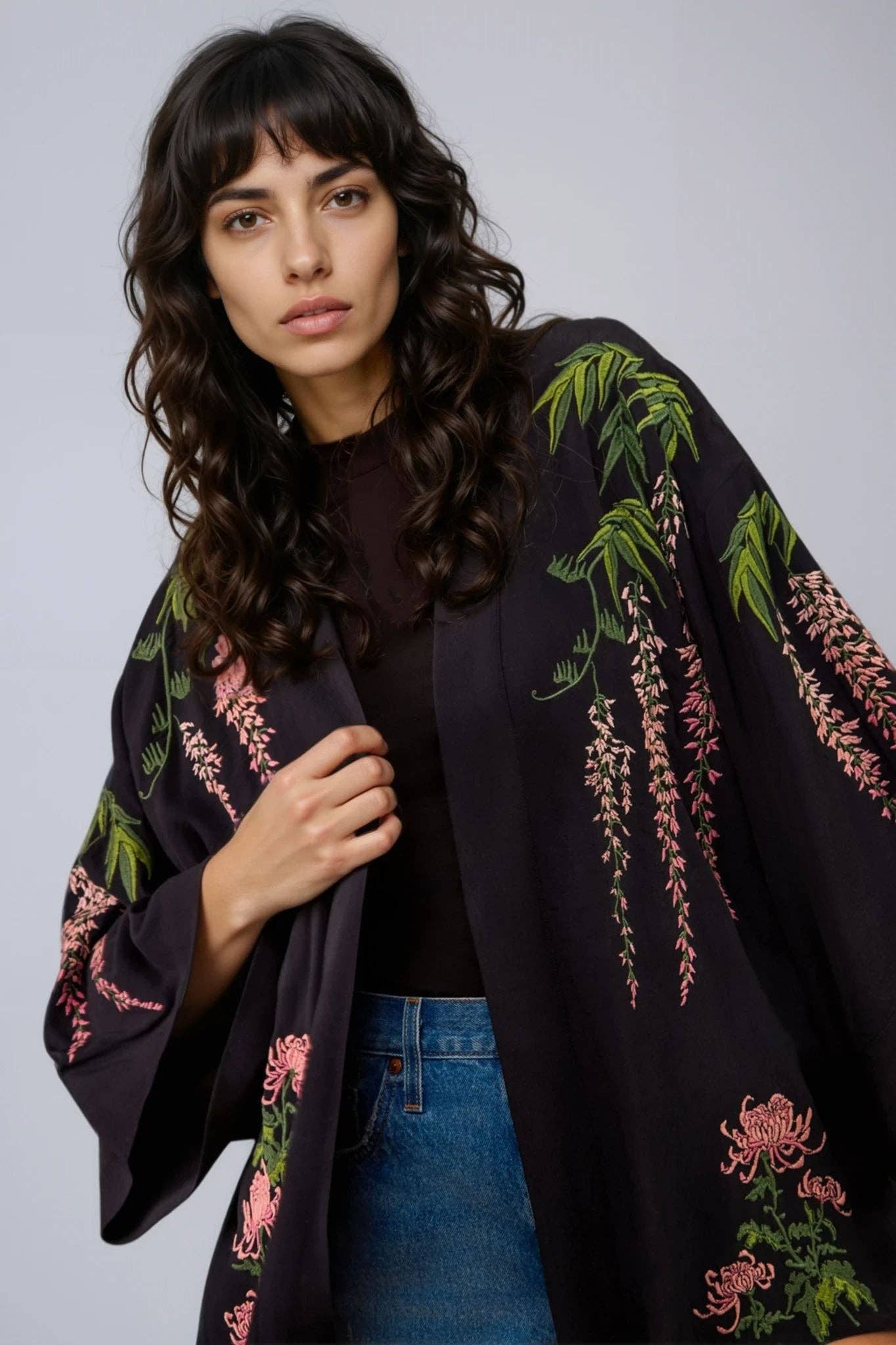 Wisteria & Chrysanthemum Embroidered Black & Pink Fully Lined Short Kimono: One Size