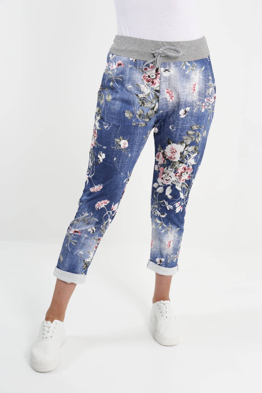 Italian  Floral Cotton Stretch Jean/Jogger: Dark Wash / One Size ( 12-14)