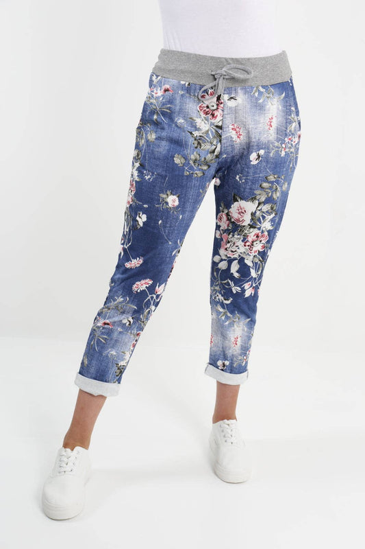 Italian  Floral Cotton Stretch Jean/Jogger: Dark Wash / One Size ( 12-14)