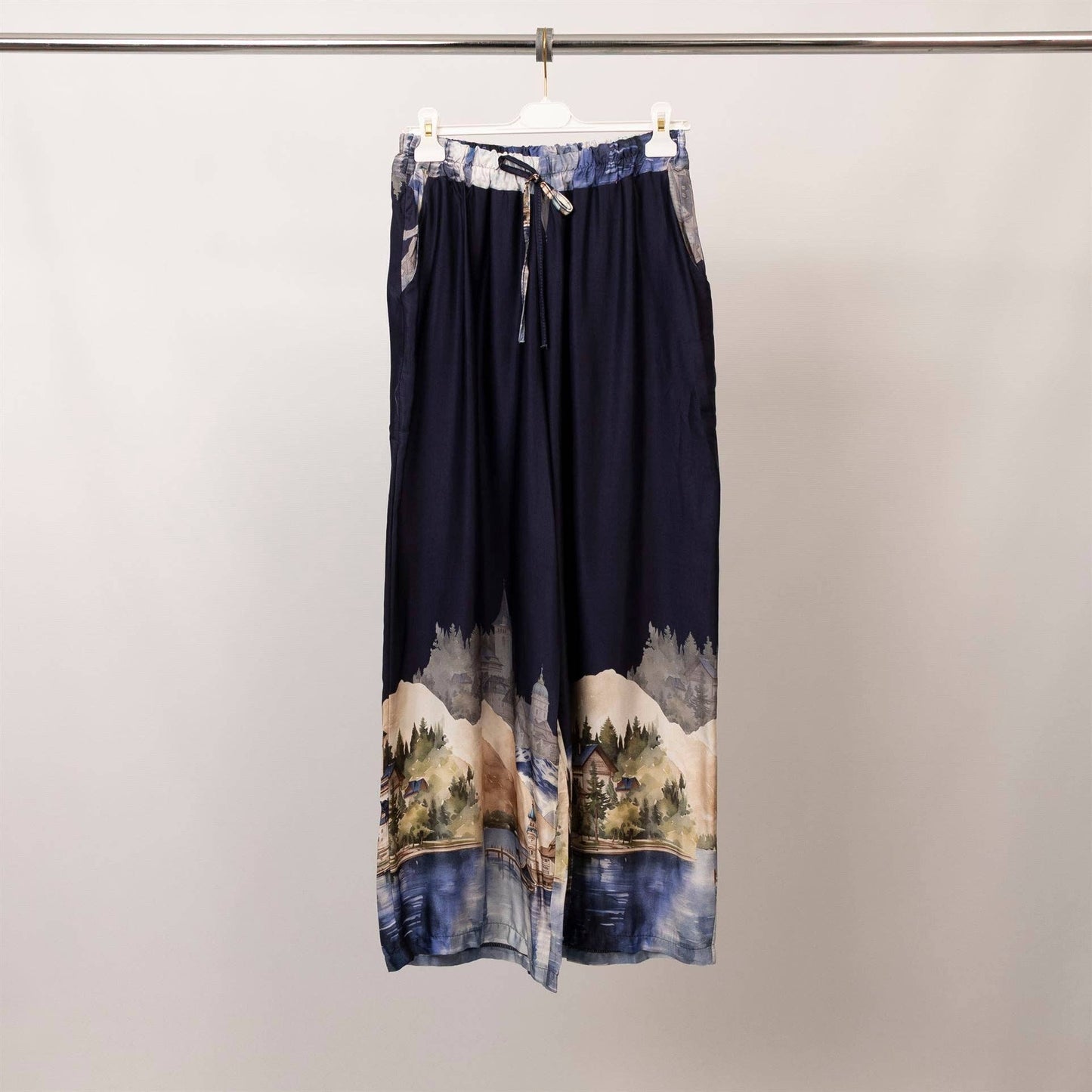 Italian Satin landscape print satin trousers  Navy Blue
