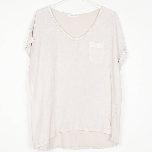 100% Linen Blouse in Beige / One Size 8 to 14