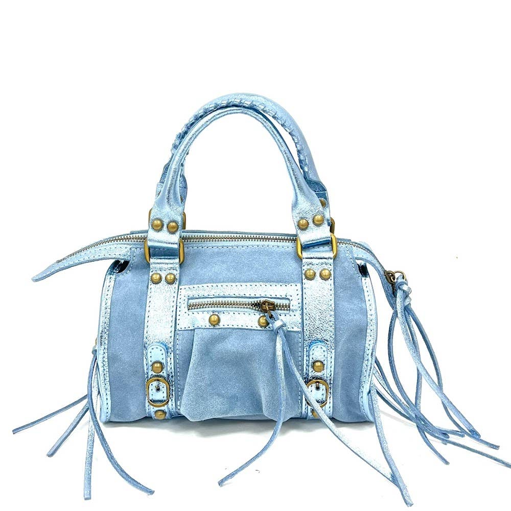 ITALIAN Mini Tote Bag in Blue Suede and Metallic Blue Leather