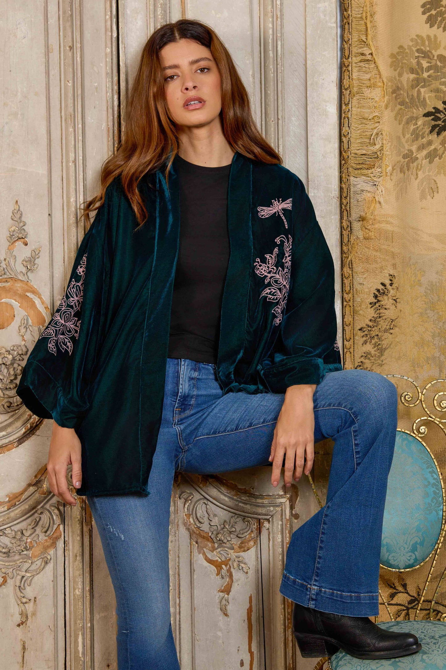 Wild Flowers & Butterflies Teal & Pink Velvet Embroidered Short Kimono: One size
