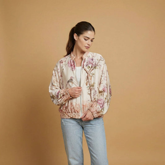 Satin floral-print jacket : Ivory