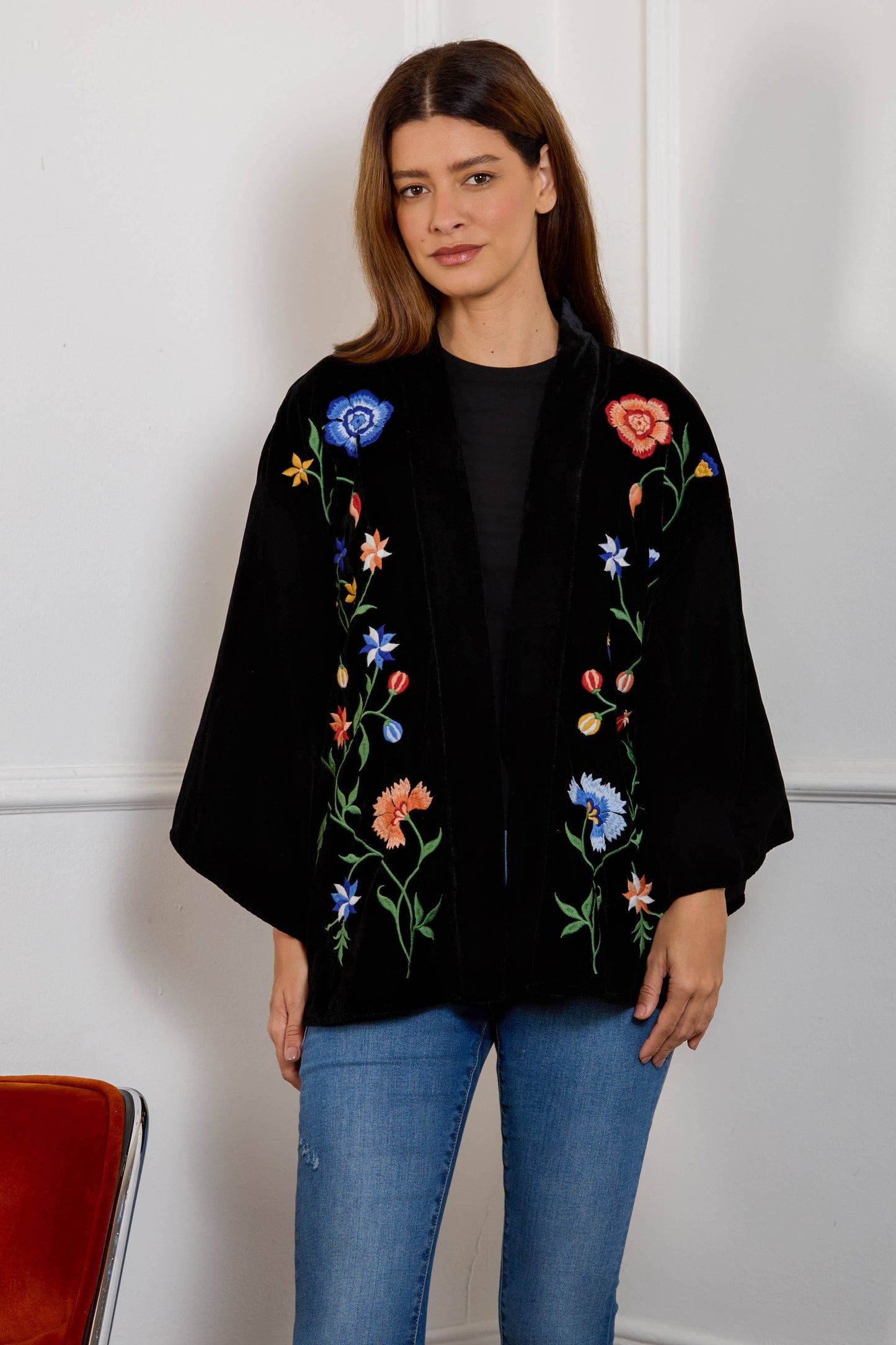 Regal Floral & Bird Embroidery Velvet Luxury Kimono: One size