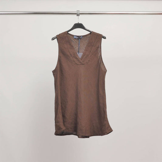 Sleeveless Italian linen top with V-neck in Chocolate- Size 10