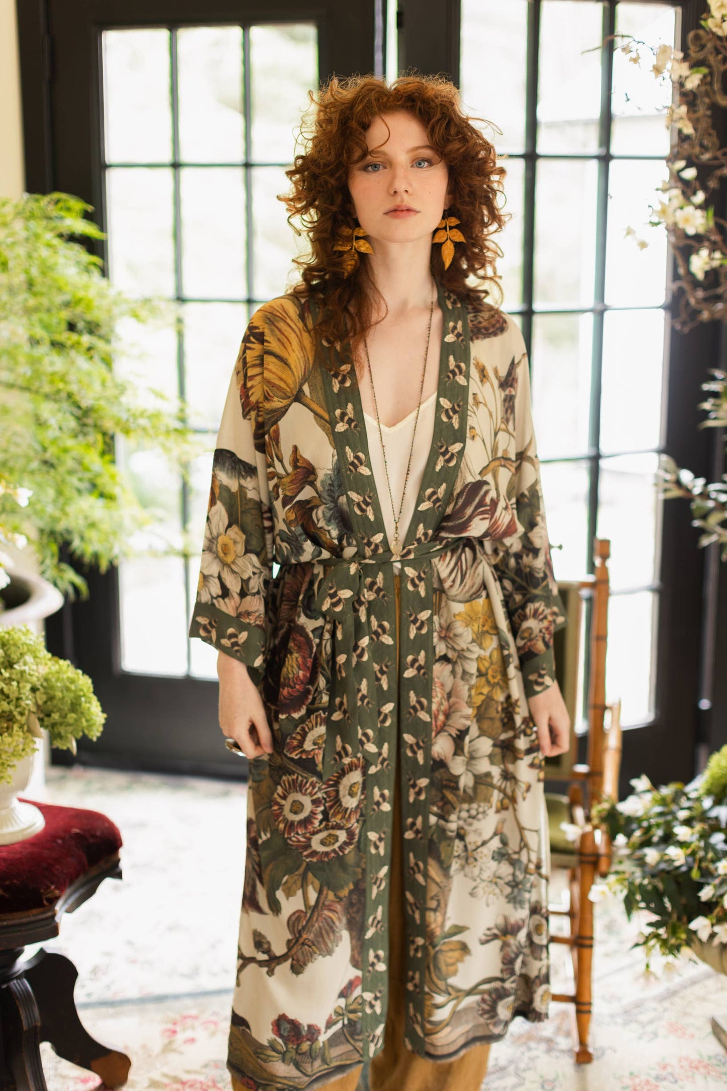 Love Grows Wild Floral Bamboo Kimono Duster Robe with Bees