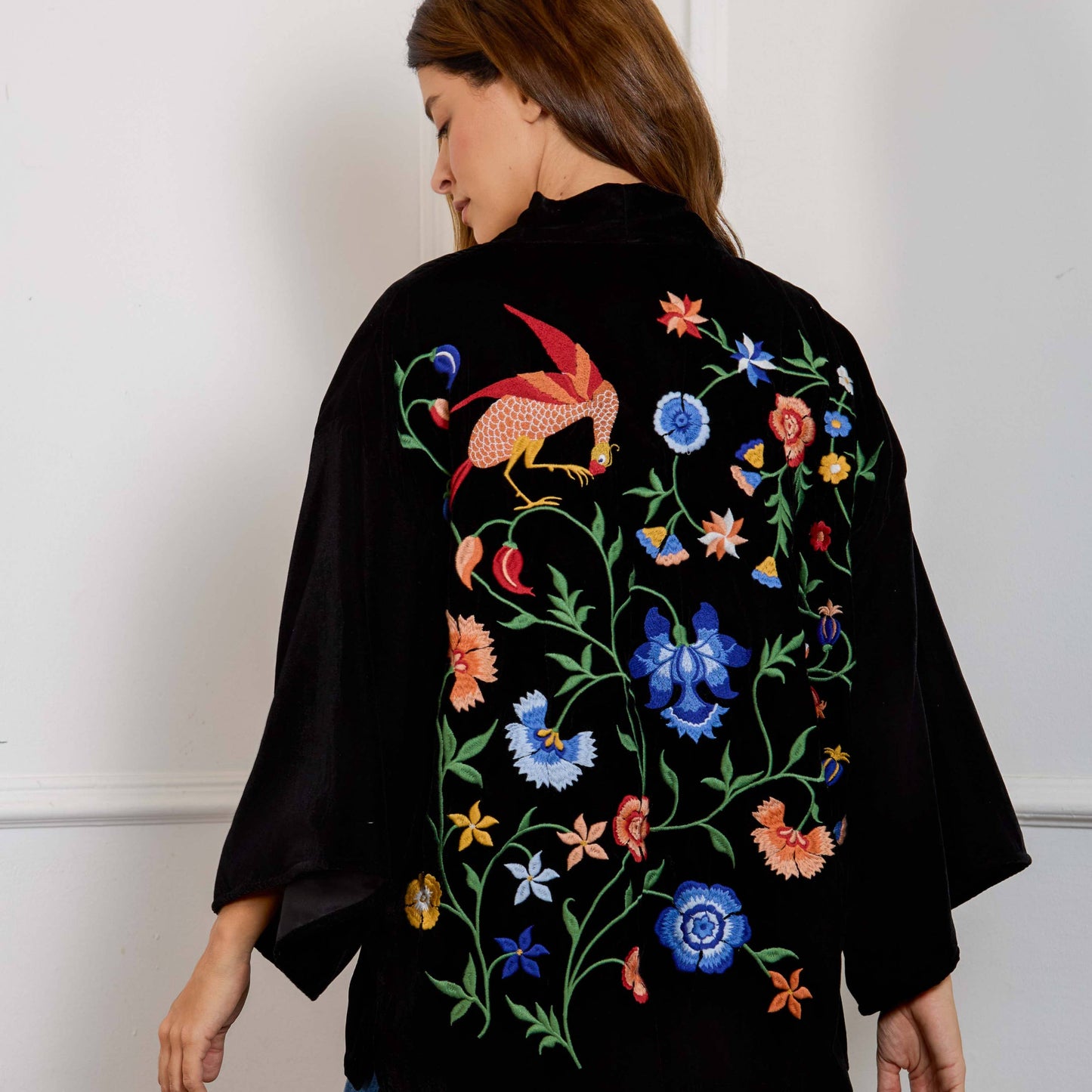 Regal Floral & Bird Embroidery Velvet Luxury Kimono: One size