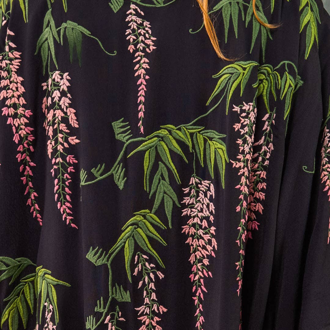 Wisteria & Chrysanthemum Embroidered Black & Pink Fully Lined Short Kimono: One Size