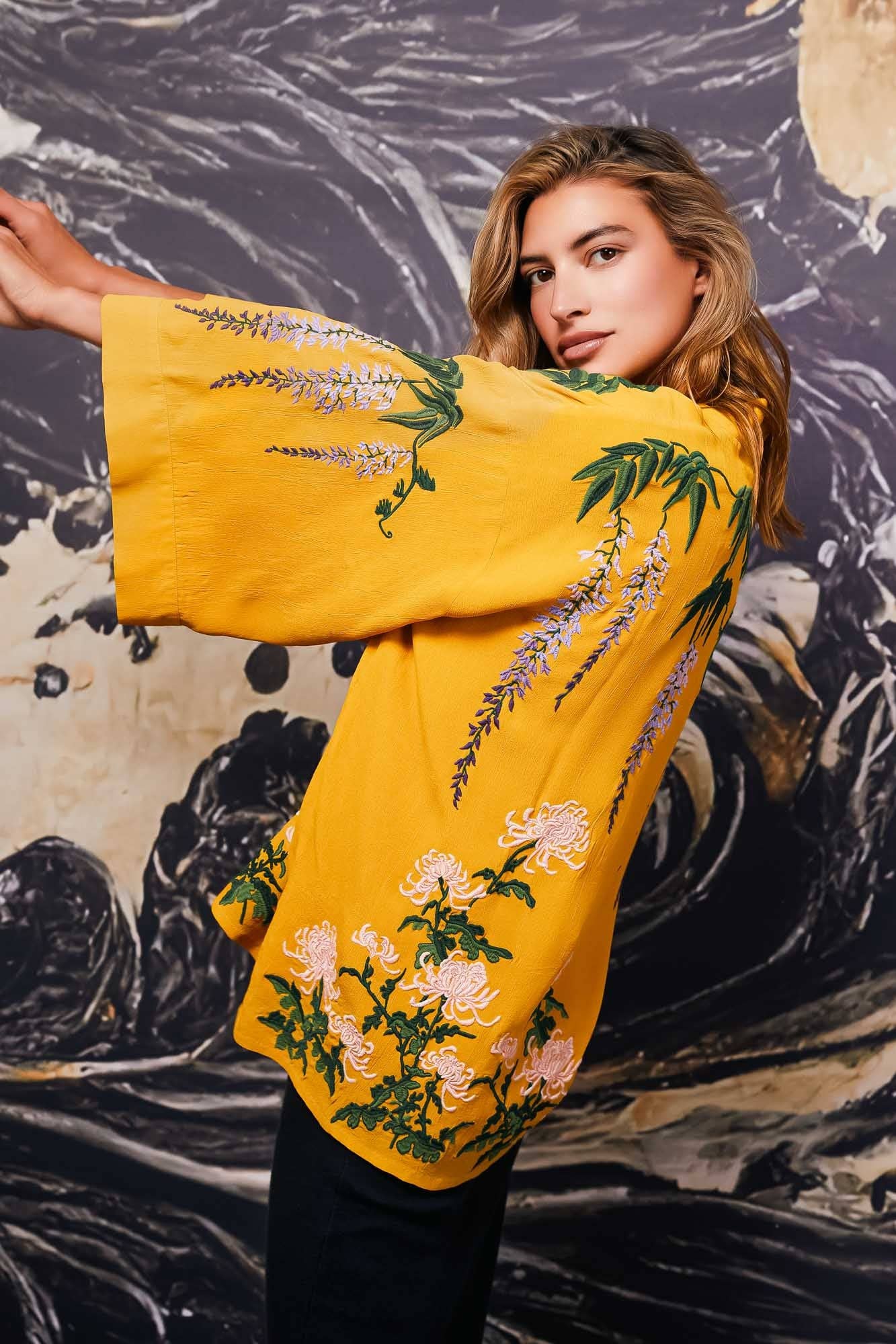 Wisteria & Chrysanthemum Embroidered Mustard Fully Lined Short Kimono: One Size