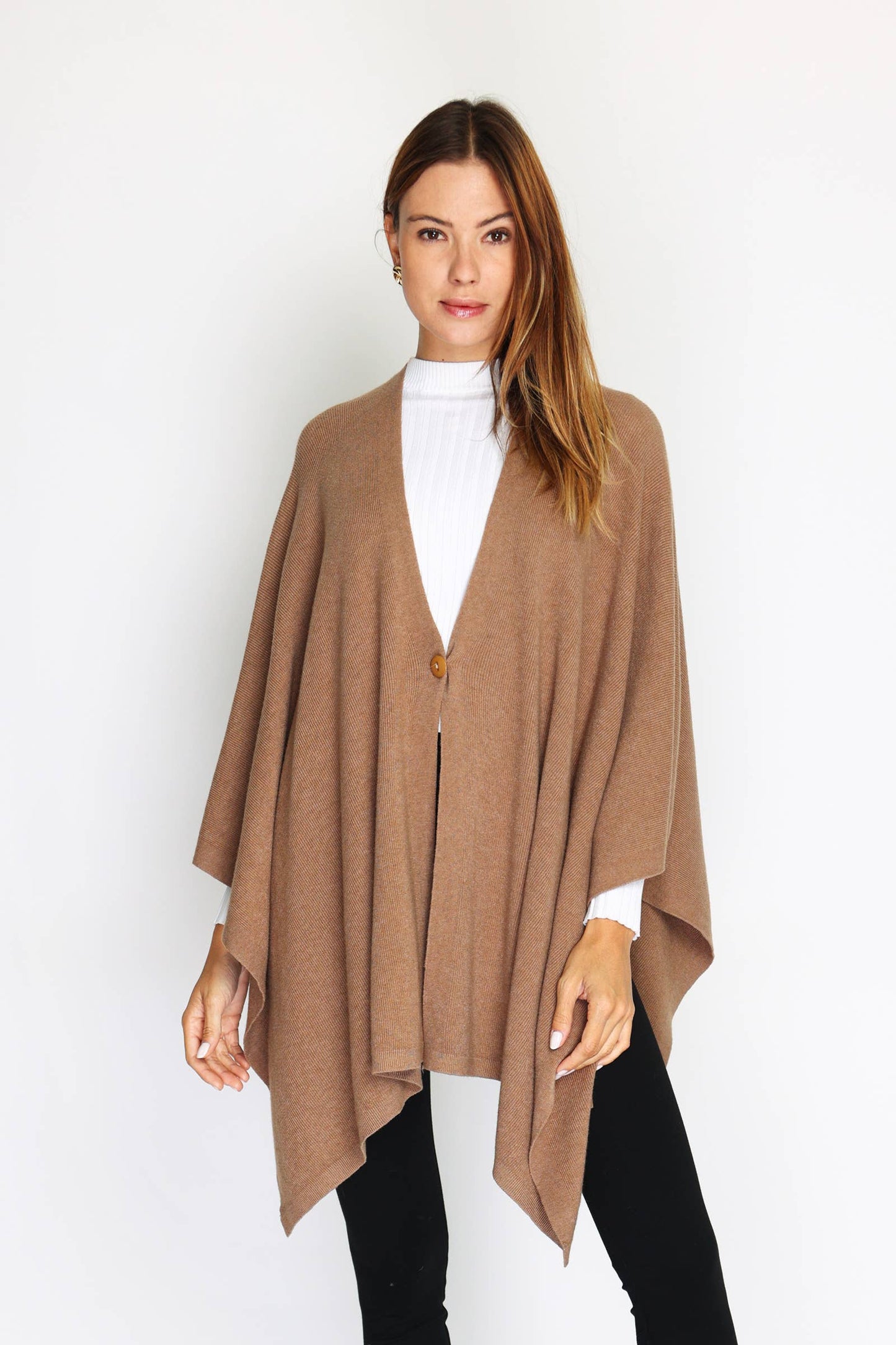 Italian Knitted Wrap Poncho with one button Camel / One size