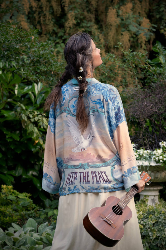 Peace Out Cropped Kimono Pixie Duster Bamboo Viscose with Doves and Sunrise
