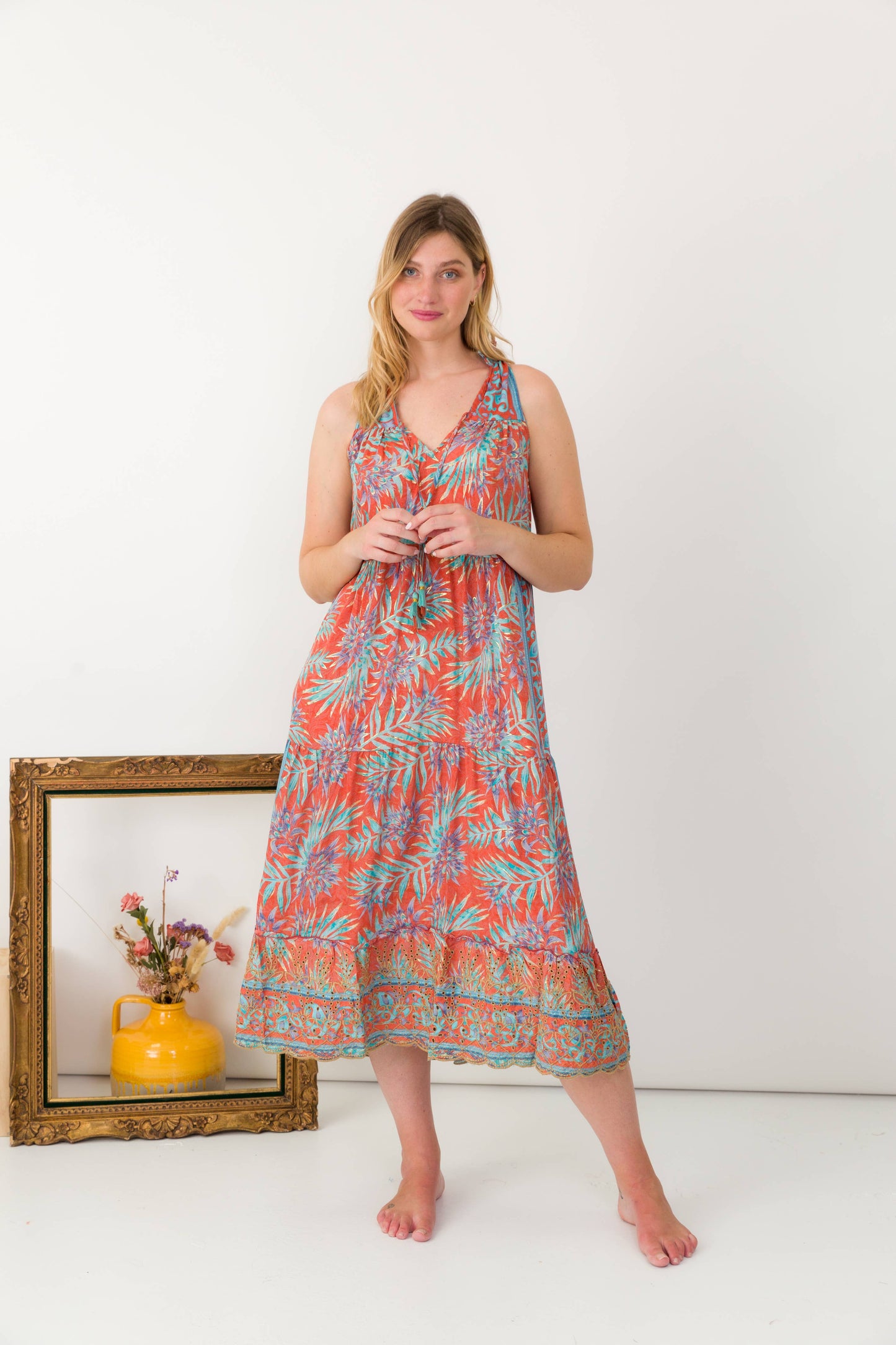 3/4 Long silk dress with embroidery anglaise-One size