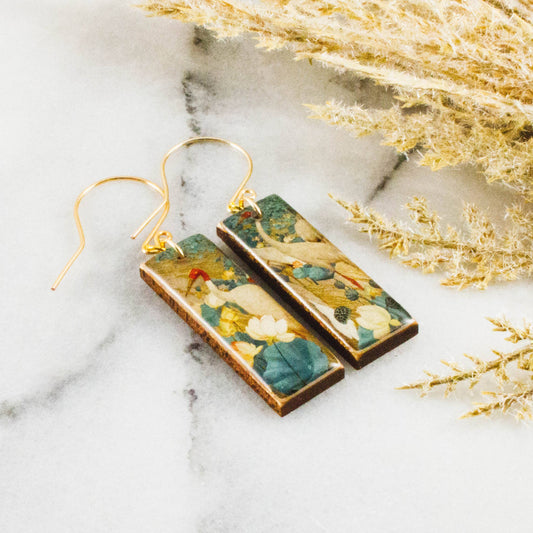 Japanese Teal Crane Rectangle Earrings
