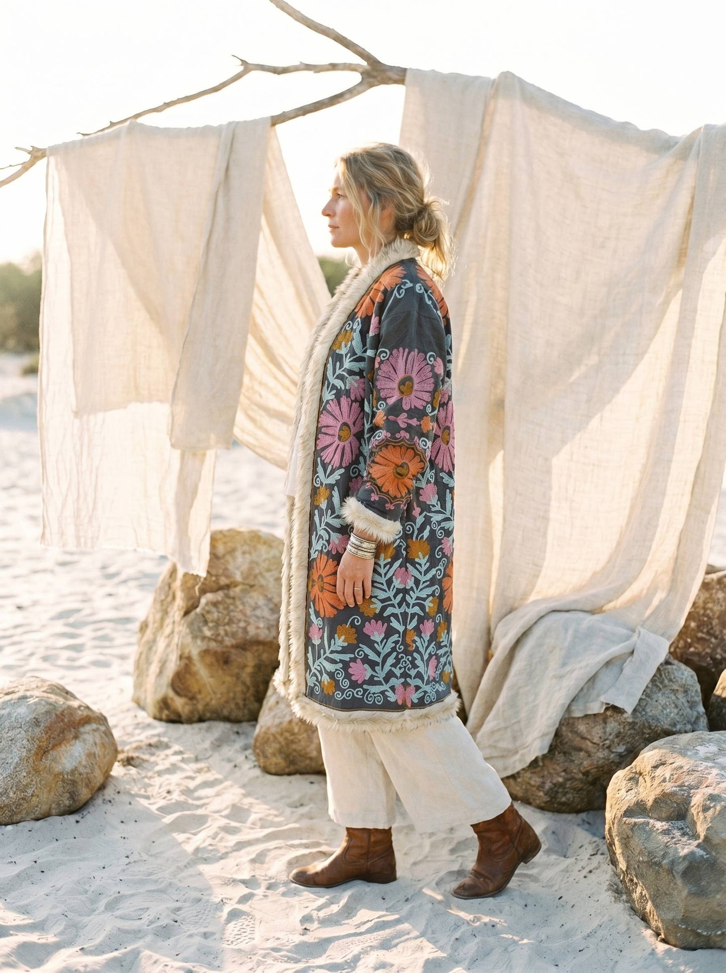 Embroidered LongCoat Velvet Faux-Fur Trim 70s Style