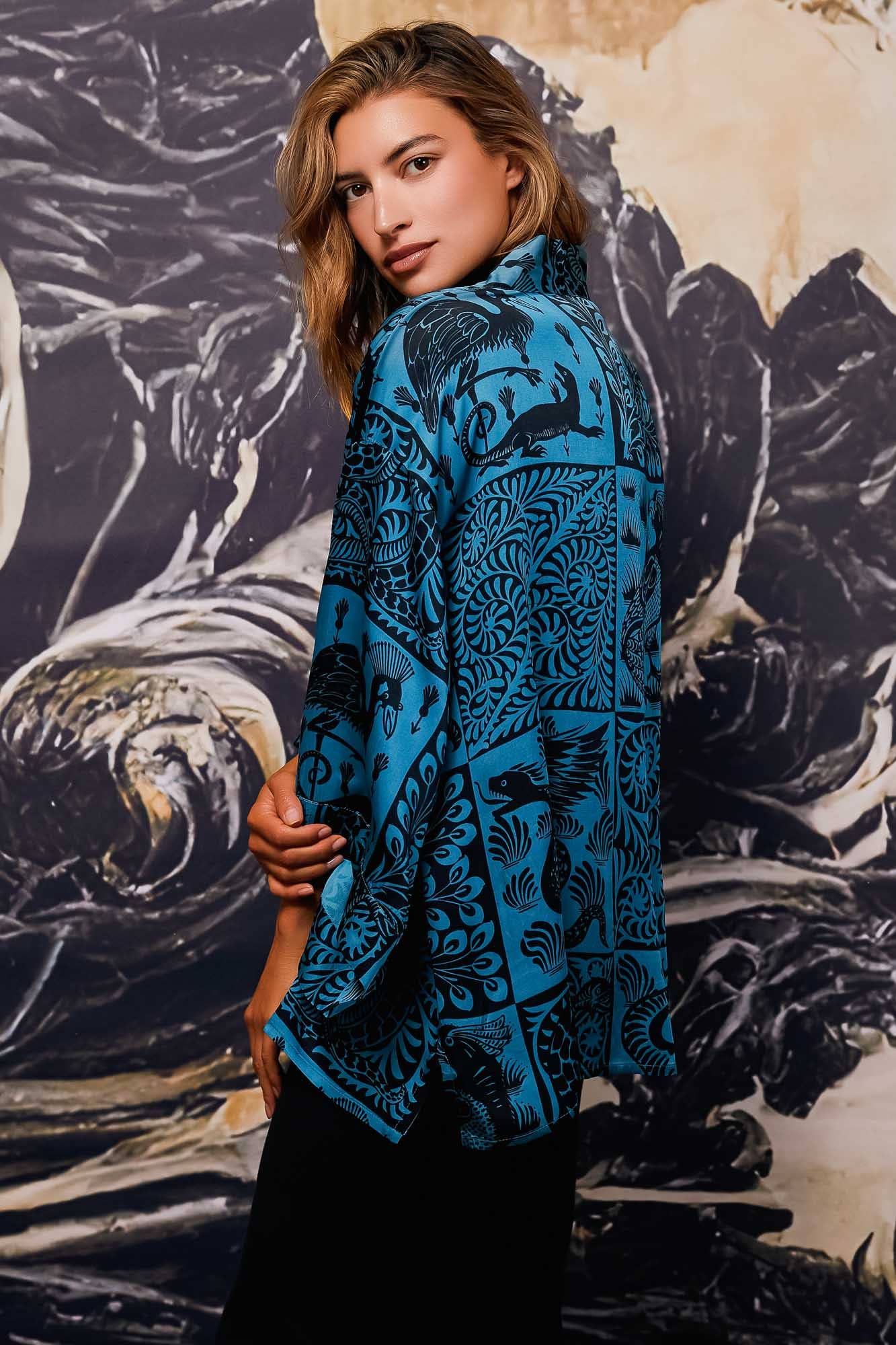 Birds & Beasts Teal & Black Short Kimono: One Size