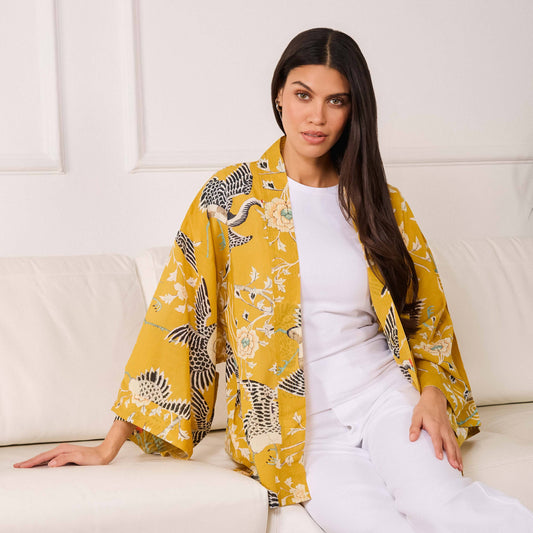 Mustard Dynastic Bird Print Light Weight Kimono: One size