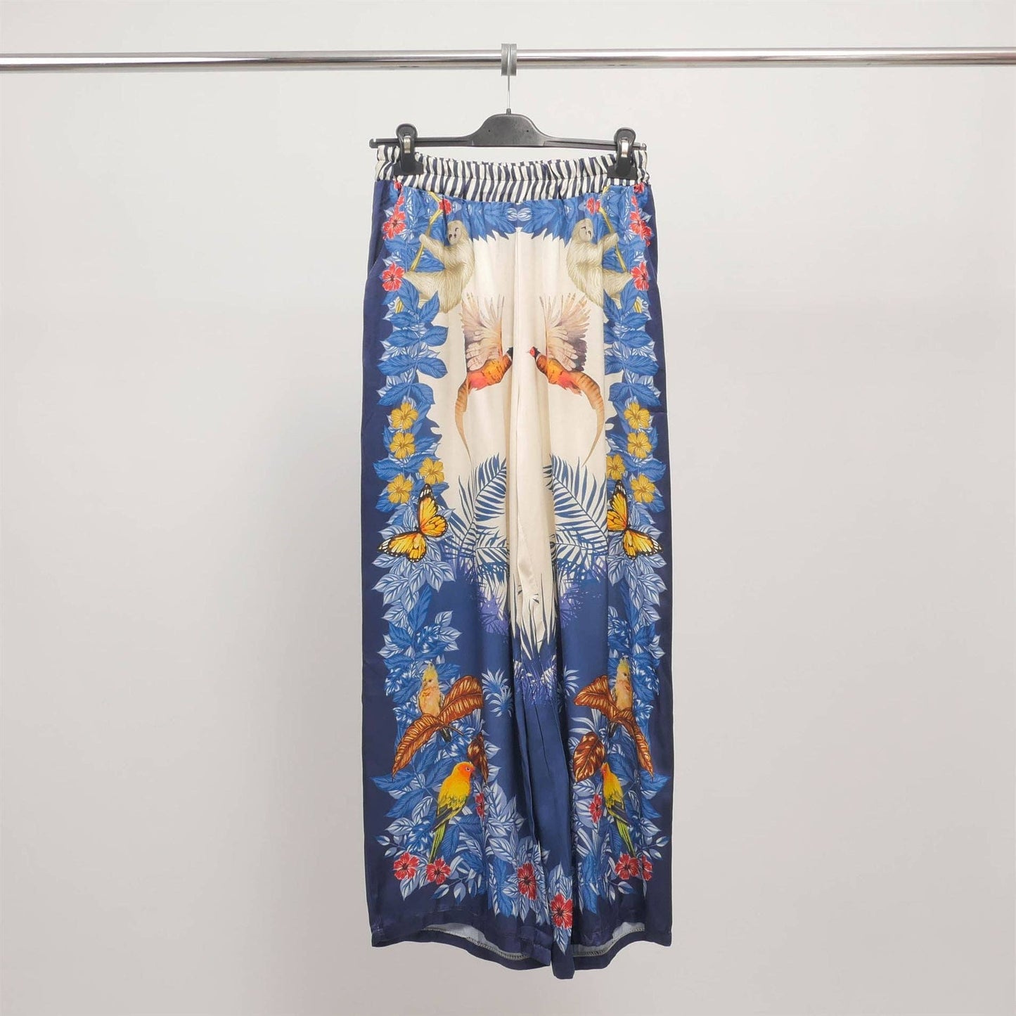 Italian tropical print Viscose/Silk pants in Navy Blue