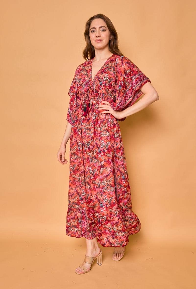 Patterned red silk bohemian long dress -  One size