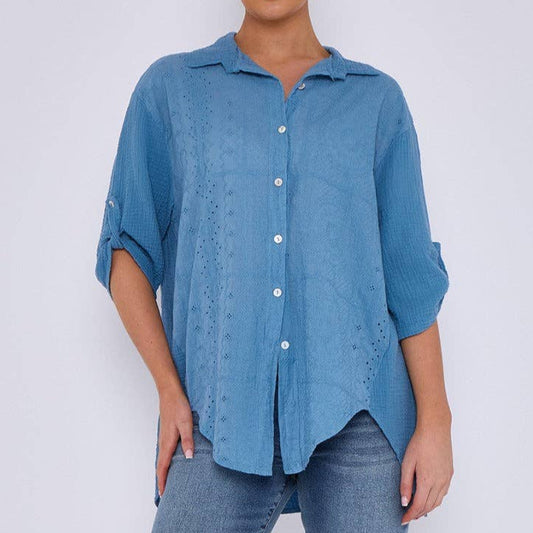 Italian Embroidered Cotton Shirt with Rolled Sleeves: Denim / One Size