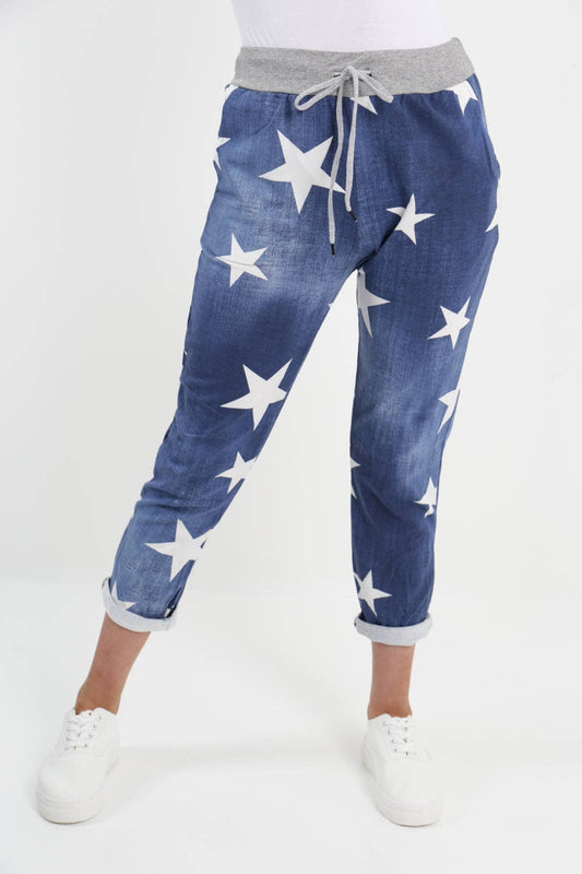 Italian Star Print Pockets Cotton Ladies Trouser: Dark Wash / One Size -16-18