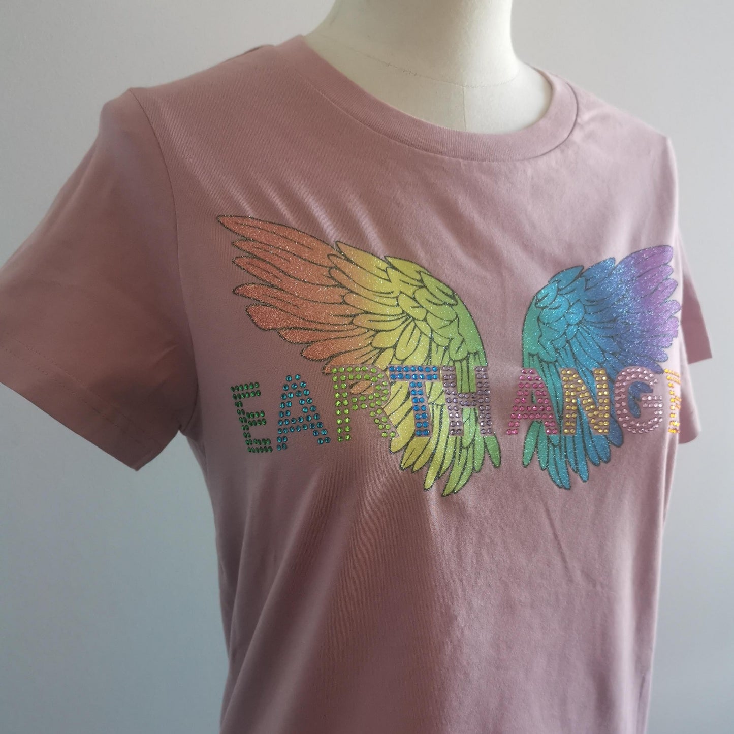 EARTH ANGEL T-SHIRT WITH ANGEL WINGS & CRYSTAL RHINESTONES