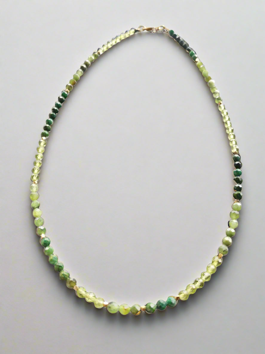 PERIDOT & JADE FACETED ROUND BEAD & 24K GOLD PLATED STERLING SILVER NECKLACE