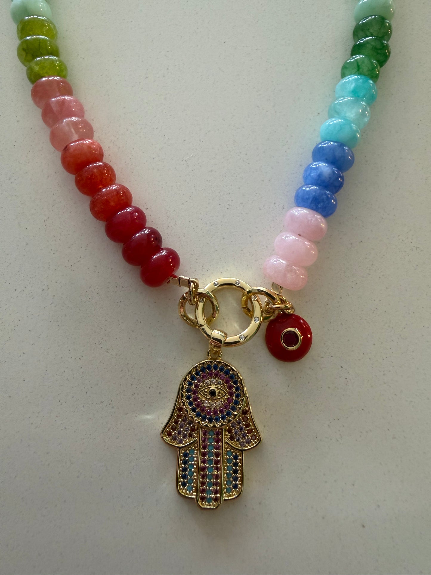 Candy Jade Necklace with Hamsa & Eye Charm Talismans