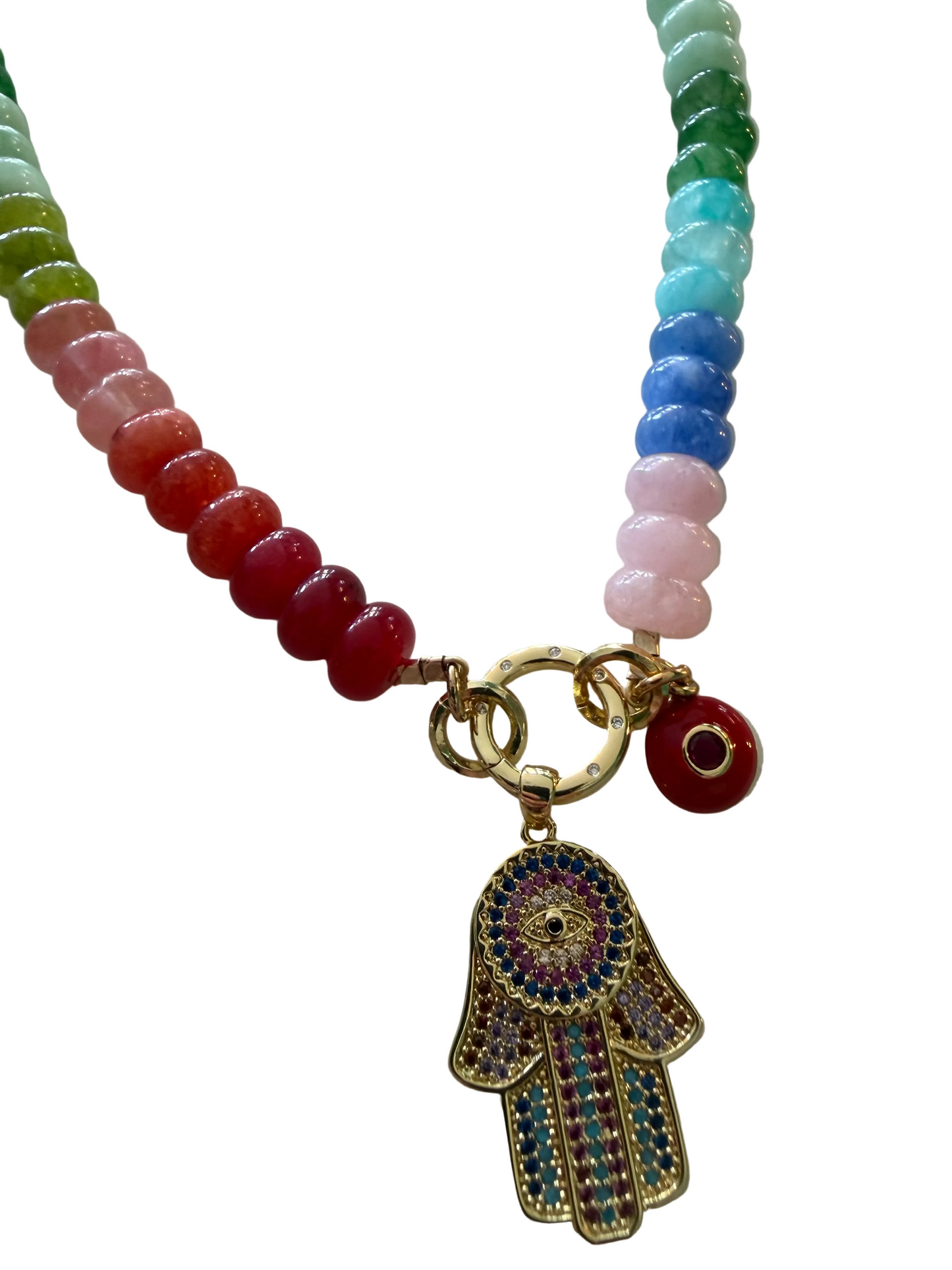 Candy Jade Necklace with Hamsa & Eye Charm Talismans