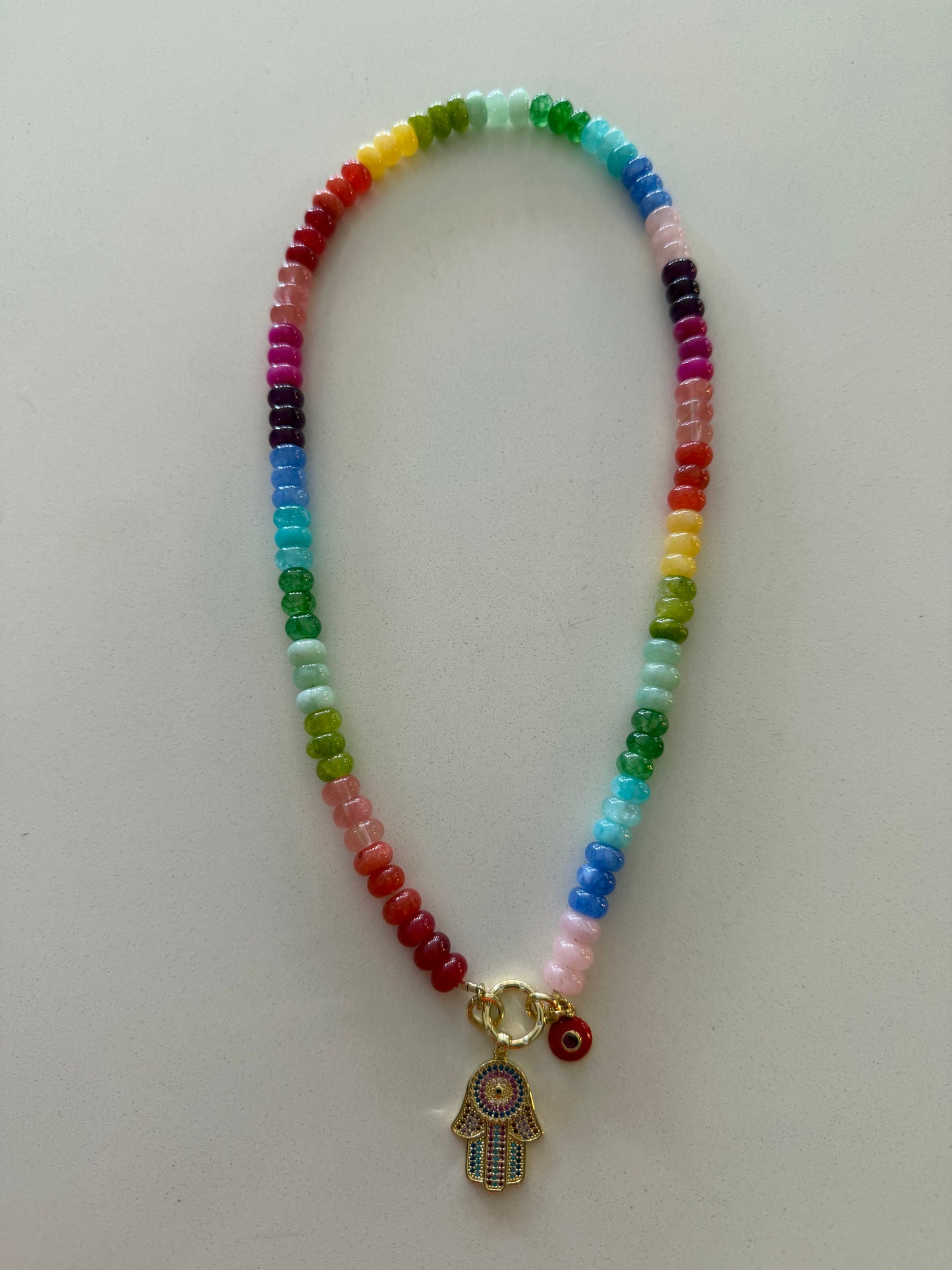 Candy Jade Necklace with Hamsa & Eye Charm Talismans