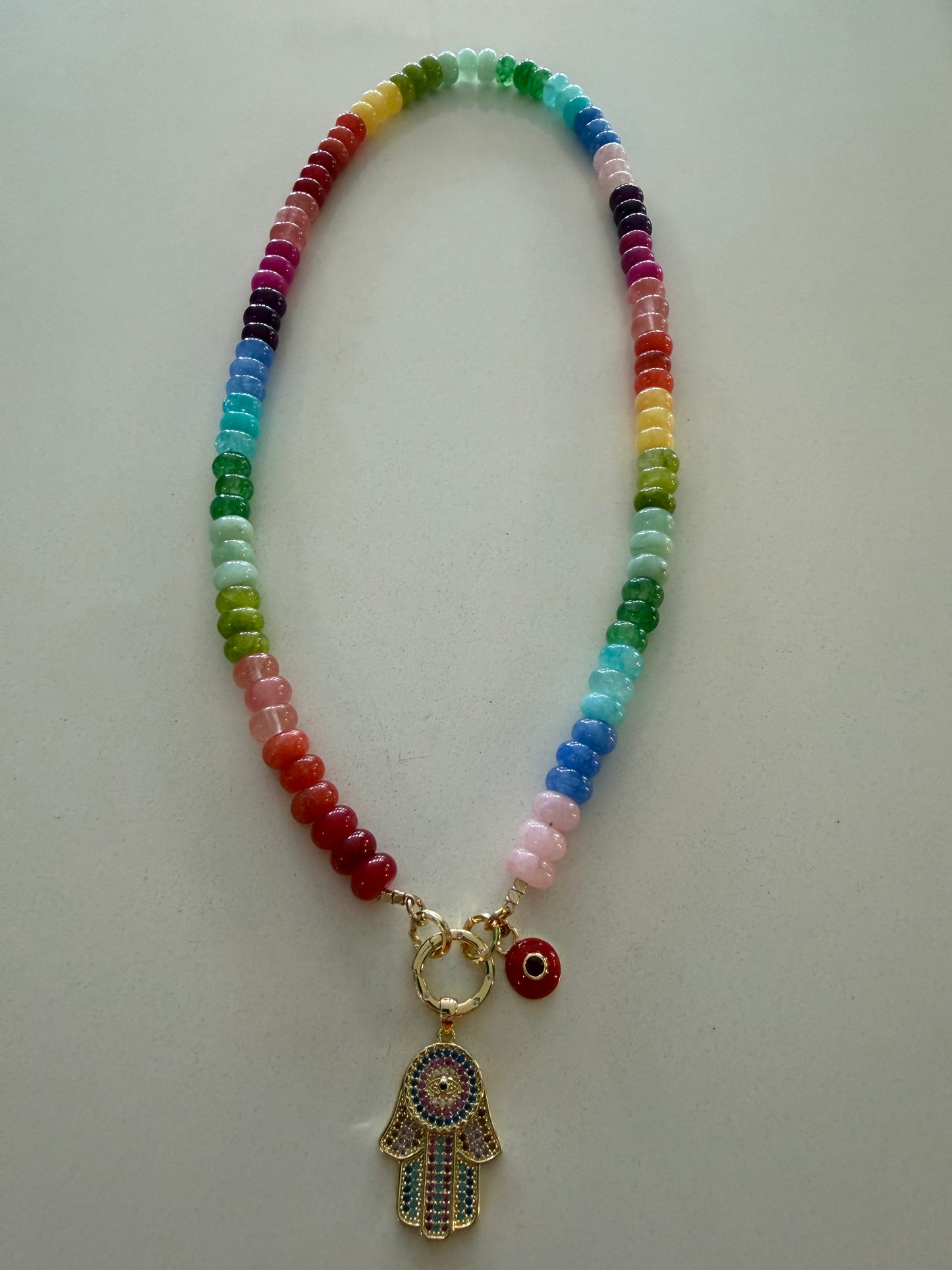Candy Jade Necklace with Hamsa & Eye Charm Talismans