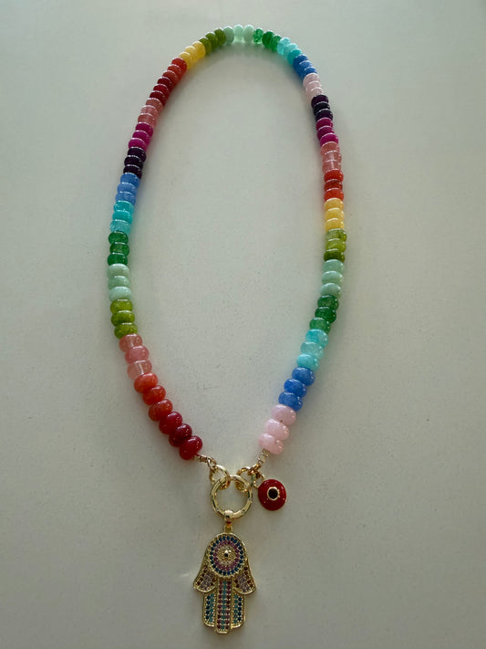 Candy Jade Necklace with Hamsa & Eye Charm Talismans