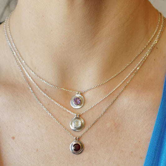 My Archetype Birthstone Silver Necklaces - January/Garnet, February/Amethyst, March/Aquamarine