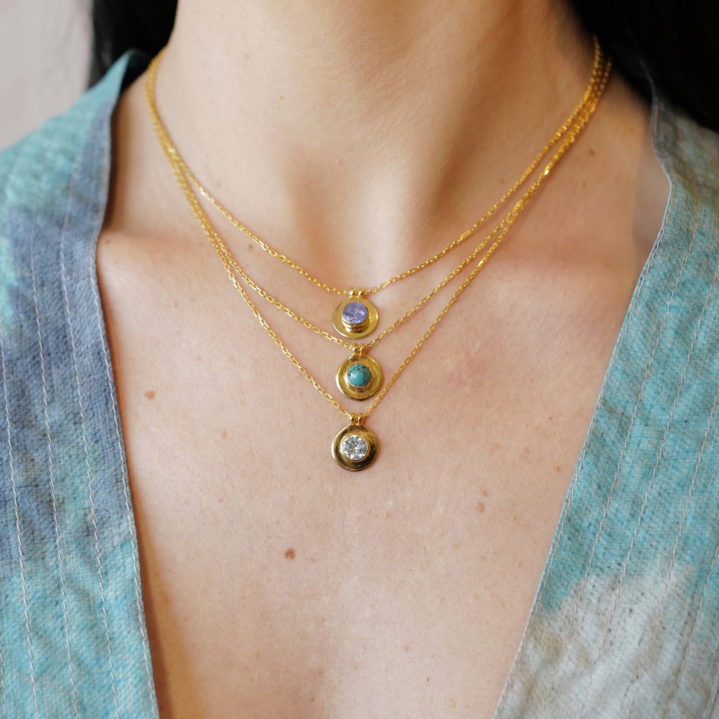 Birthstone Gold Necklaces -December/Turquoise/Tanzanite/Blue Topaz