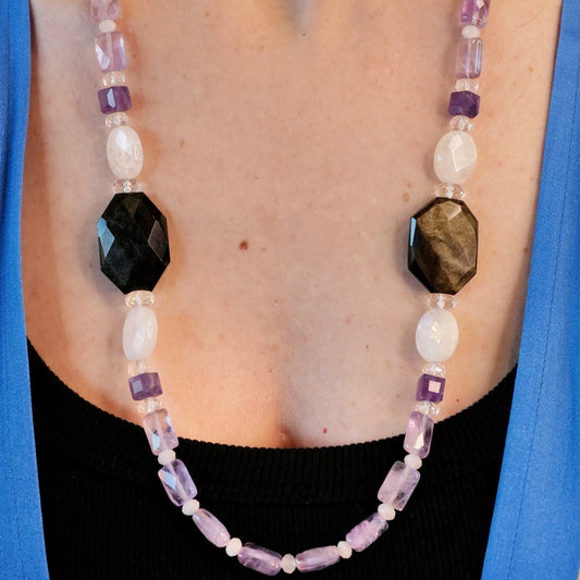 Golden Obsidian, Moonstone,  Amethyst & Clear Quartz  Necklace