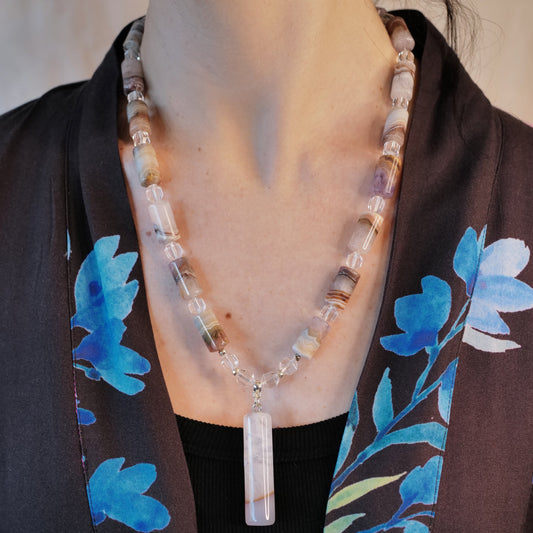Natural Rainbow Amethyst Cylinder Beads & Prism Cut Clear Quartz with Brazilian Quartz Feature Cylinder bead & S/Silver Clasp Necklace