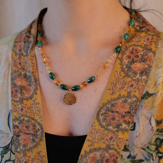 Malachite and citrine barrel beads paired with faceted citrine bead Necklace
