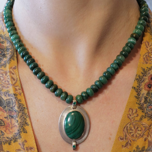 Oval Malachite Pendant in Sterling Silver with Green Onyx and African Jade Rondelle Bead Necklace