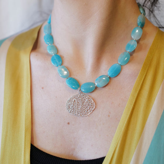 High Quality Blue Amazonite & Sterling Silver Coral Pendant Necklace