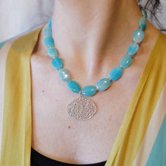 My Archetype Amazonite & Fine Silver Necklace with Coral Pendant- One-of-a-Kind