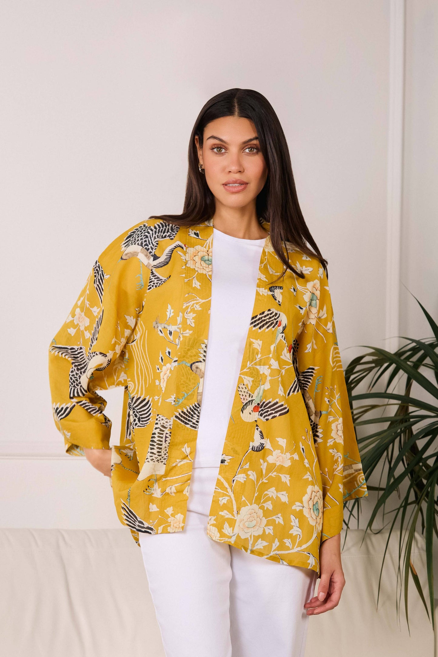 Mustard Dynastic Bird Print Light Weight Kimono: One size