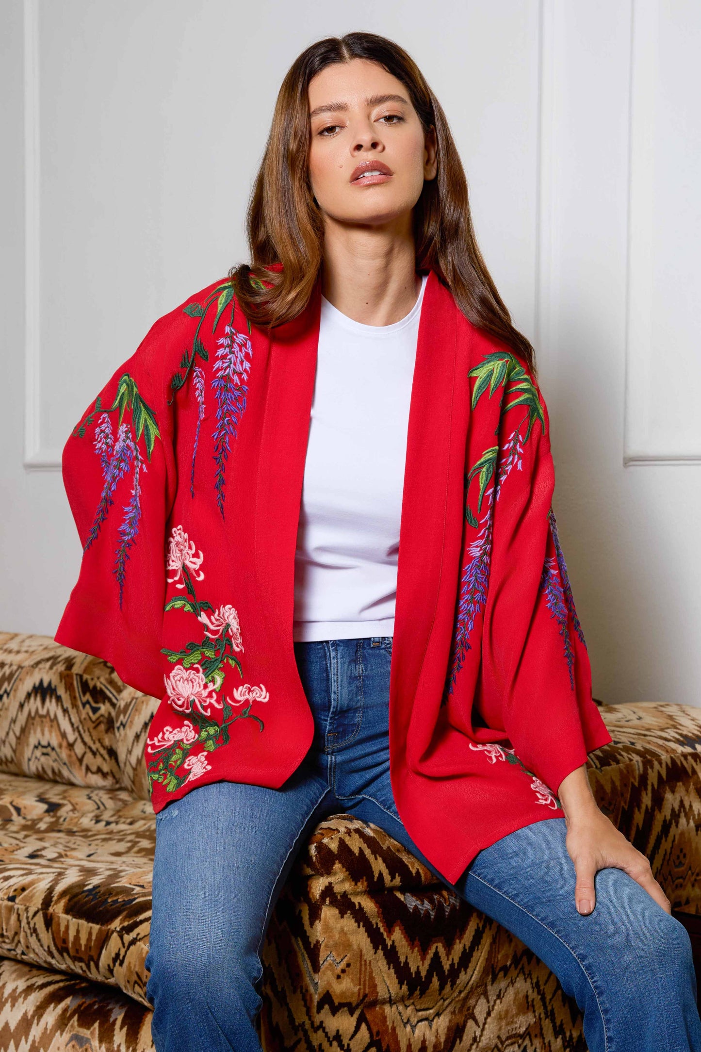 Wisteria & Chrysanthemum Embroidered Red Fully Lined Short Kimono: One Size