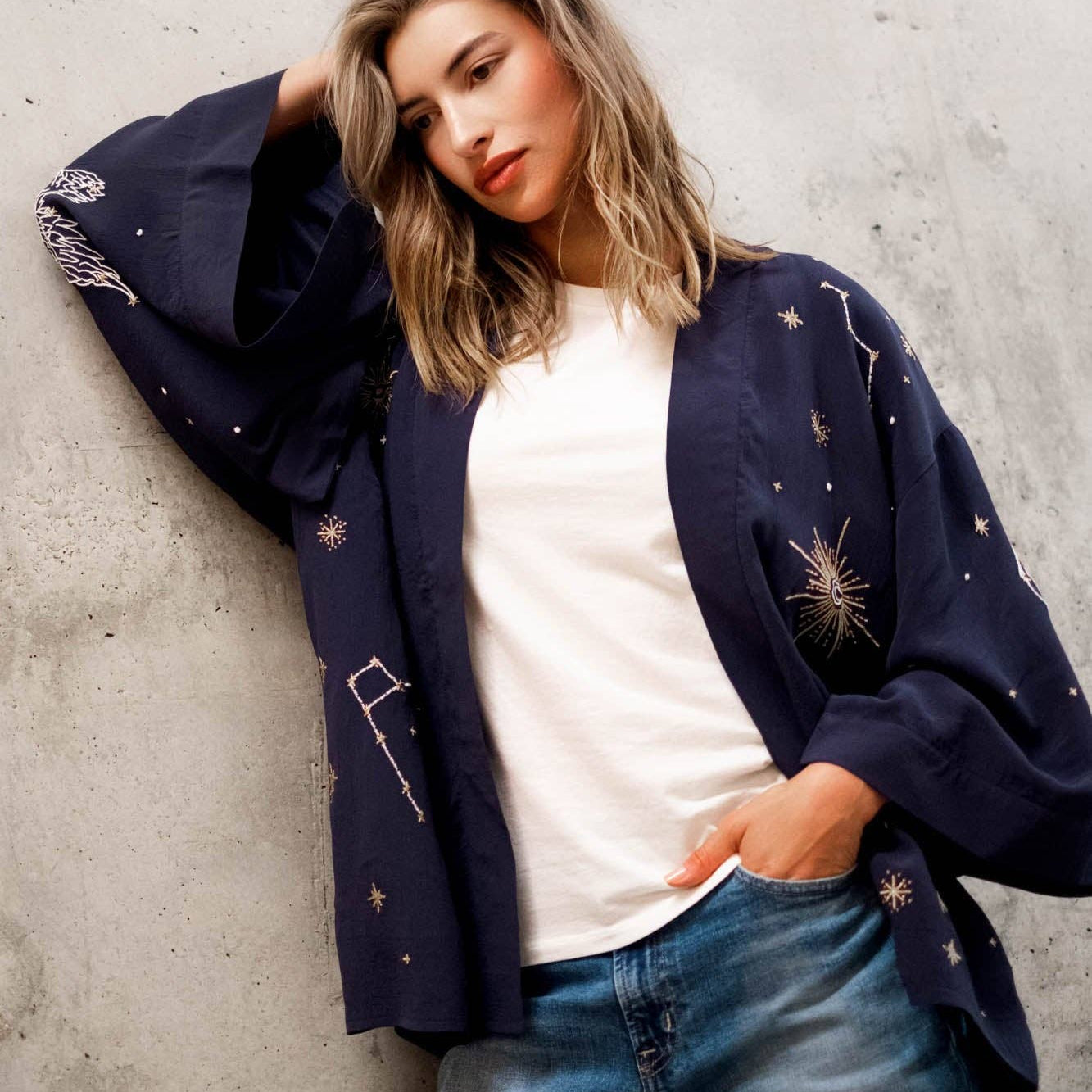 Cosmos Embroidered Navy Blue, Ivory and Gold Fully Lined Short Kimono: One Size