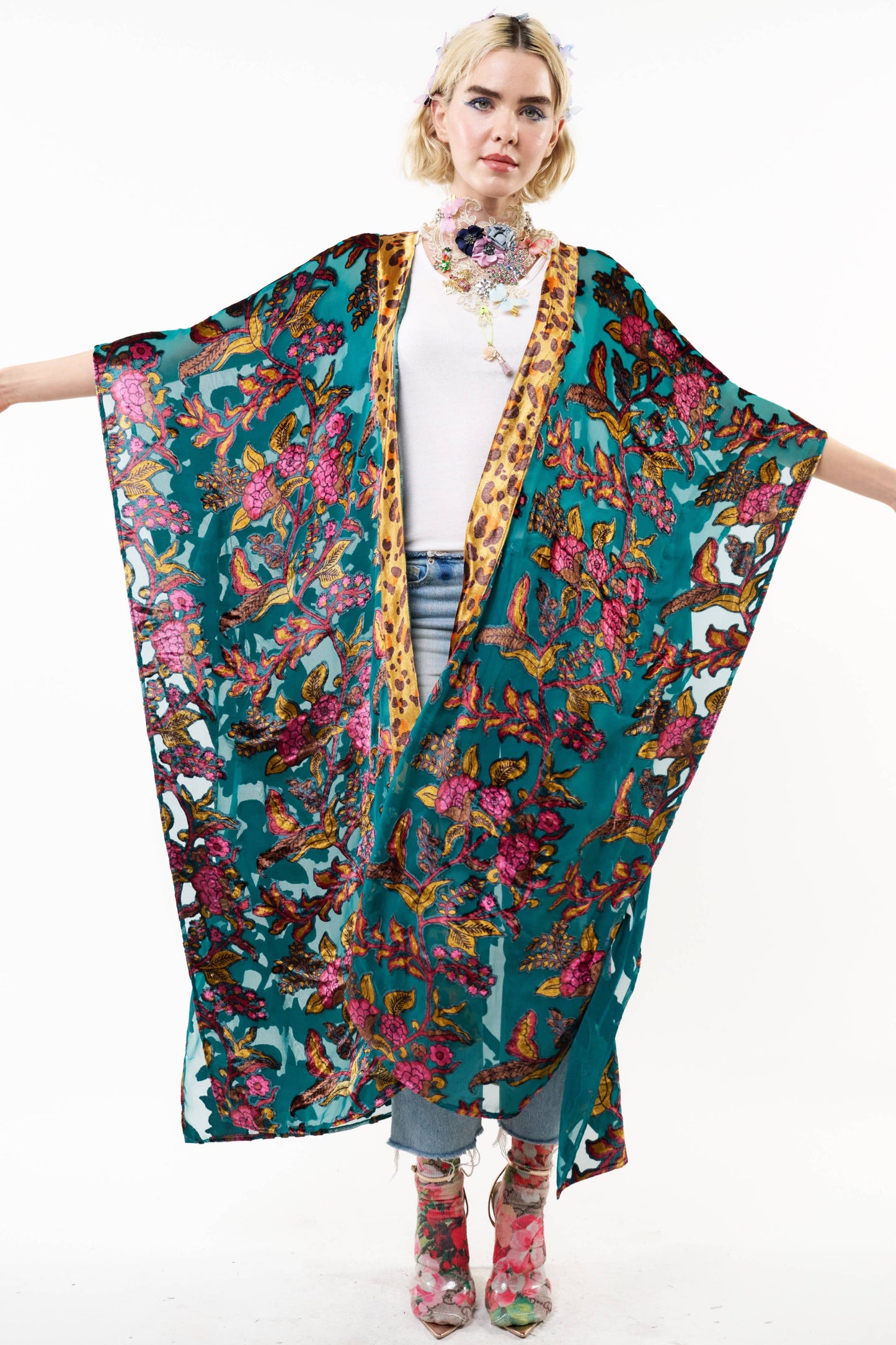 Holiday Jewels Maxi Kimono: Teal / One Size